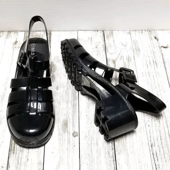 New Black Jelly Huarache Caged Chunky Heel Sandals - Picture 3 of 3